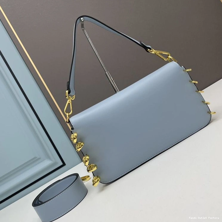 Affordable HOT Fendace Fendi Pin Calf Blue Bag with Brooches Medium Leather In Baguette Sky 0812